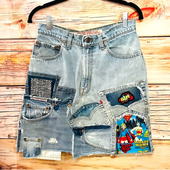 Levi's Dresses & Skirts - UPCYCLED☆HANDMADE WonderWoman Patched Denim Vintage Levi Skirt🩷
